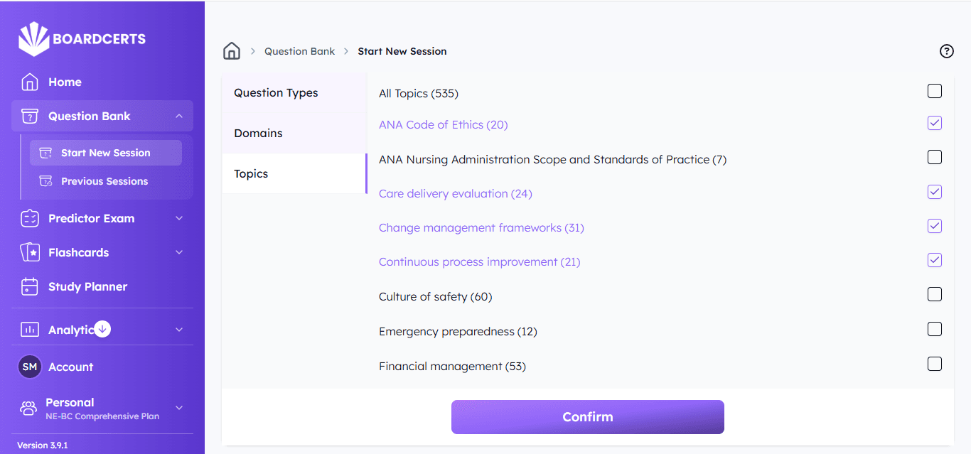 ne-bc boardcerts topics filters.